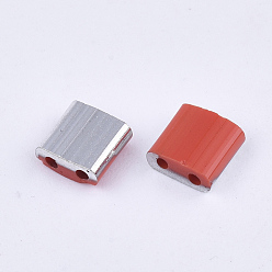 Red 2-Hole Glass Seed Beads, Half Platinum Plated Colours, Square, Red, 5x4.5~5.5x2~2.5mm, Hole: 0.5~0.8mm, about 1180pcs/bag
