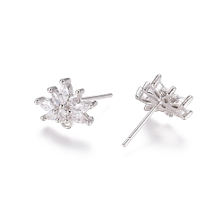 Platinum Brass Cubic Zirconia Stud Earring Findings, with Loop, Flower, Clear, Platinum, 15mm, Pin: 0.7mm