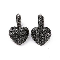 Gunmetal Cubic Zirconia Heart Dangle Hoop Earrings, Brass Jewelry for Women, Cadmium Free & Nickel Free & Lead Free, Gunmetal, 24mm, Pin: 0.8mm