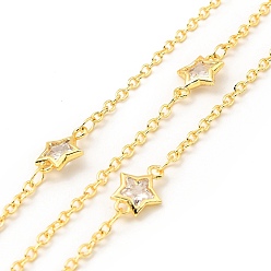 Real 18K Gold Plated Clear Cubic Zirconia Star Link Chains, with Brass Cable Chains, Lead Free & Cadmium Free, Soldered, with Spool, Real 18K Gold Plated, 11x8x2.5mm, 1.5mm