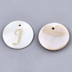 Letter J Natural Freshwater Shell Pendants, with Golden Plated Brass Etched Metal Embellishments, Flat Round with Letter, Letter.J, 15x2mm, Hole: 1.2mm