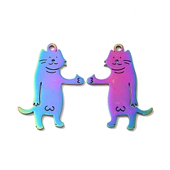 Rainbow Color Ion Plating(IP) 304 Stainless Steel Pendants, Cat Charm, Rainbow Color, 35x26x1.5mm, Hole: 2.5mm