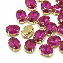 Rose Sew on Rhinestone, Multi-strand Links, Glass Rhinestone, with Brass Prong Settings, Garments Accessories, Faceted, Oval, Golden, Rose, 14x10x6.5mm, Hole: 1mm