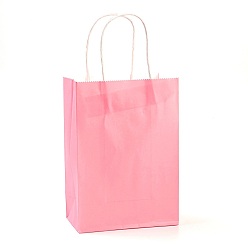 Pink Sacs en papier kraft de couleur pure, sacs-cadeaux, sacs à provisions, avec poignées en ficelle de papier, rectangle, rose, 33x26x12 cm