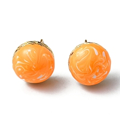 Orange Enamel Half Round Stud Earrings, Real 18K Gold Plated Brass Jewelry, Cadmium Free & Lead Free, Orange, 10.5x6mm