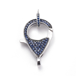 Platinum Brass Micro Pave Cubic Zirconia Lobster Claw Clasps, with Bail Beads/Tube Bails, Blue, Platinum, Clasp: 27x17x5mm, Hole: 3mm, Tube Bails: 10x8x2mm, Hole: 1mm