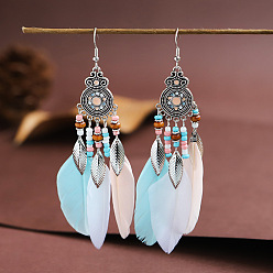 Light Grey Feather Chandelier Earrings, Antique Silver Plated Alloy Jewelry for Women, Light Grey, 110x22mm
