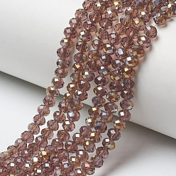 Sienna Electroplate Transparent Glass Beads Strands, Half Rainbow Plated, Faceted, Rondelle, Sienna, 6x5mm, Hole: 1mm, about 85~88pcs/strand, 16.1~16.5 inch(41~42cm)