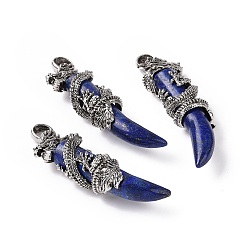 Lapislázuli Naturales lapis lazuli colgantes, con dragón de aleación de tono plateado antiguo, 61~65x20.5~21x16 mm, agujero: 7x6.5 mm
