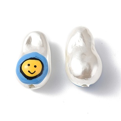 Dodger Blue Shell Enamel Beads, Oval with Smiling Face, Dodger Blue, 21~21.5x12.5~13x12mm, Hole: 1~1.2mm