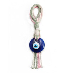 Prussian Blue Flat Round with Evil Eye Resin Pendant Decorations, Cotton Cord Braided Tassel Hanging Ornament, Prussian Blue, 165mm