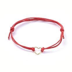 Rouge Bracelets réglables en cordon de coton ciré, bracelets ficelle rouge, avec 304 anneau de saut coeur en acier inoxydable, rouge, 1-5/8 pouces ~ 3-1/2 pouces (4~9 cm)