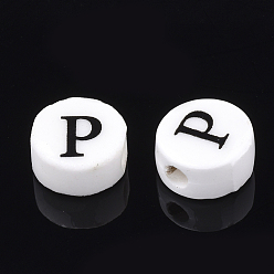 Letter P Handmade Porcelain Beads, Horizontal Hole, Flat Round with Letter, White, Letter.P, 8~8.5x4.5mm, Hole: 2mm