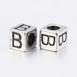 Argent Antique 304 Perles en acier inoxydable grand trou lettre européenne, cube avec letter.b, argent antique, 8x8x8mm, Trou: 5mm