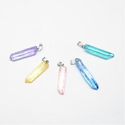 Mixed Color Natural Quartz Crystal Pointed Pendants, with Platinum Tone Iron Findings, Bullet, Mixed Color, 35~42x8.5~9.5x7~7.5mm, Hole: 4x6mm