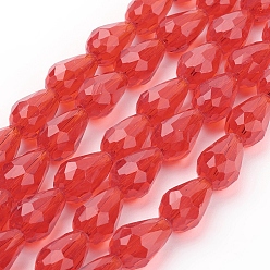 Red Glass Beads Strands, Faceted, Drop, Red, 11x8mm, Hole: 1mm, about 57~59pcs/strand, 26.38~26.77 inch