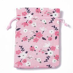 Flower Burlap Packing Pouches Drawstring Bags, Rectangle, Pink, Flower, 13.5~14x10x0.35cm