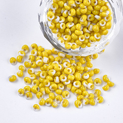 Yellow Glass Seed Beads, Fringe Teardrop Beads, Opaque Colours, Two Tone, Yellow, 3.5~4x2.5~6mm, Hole: 1mm, about 4500pcs/bag