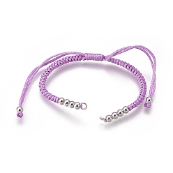 Lilas Fabrication de bracelets de perles tressées en nylon, avec des perles en laiton, plaqué longue durée, Platine plaqué, lilas, 10-1/4 pouces ~ 11-5/8 pouces (26~29.6 cm)