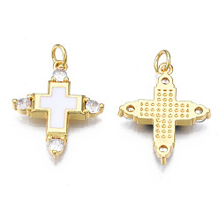 White Brass Micro Pave Cubic Zirconia Enamel Pendants, with Jump Rings, Cadmium Free & Nickel Free & Lead Free, Real 16K Gold Plated, Cross, White, 23x19x3mm, Jump Ring: 5x1mm, 3mm inner diameter