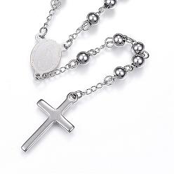 Stainless Steel Color 304 Stainless Steel Rosary Bead Necklaces, with Cross Pendant and Lobster Claw Clasps, Stainless Steel Color, 25.6 inch(65cm)