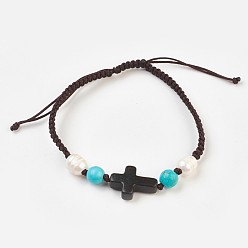 Synthetic Turquoise Adjustable Synthetic Turquoise(Dyed) Braided Bead Bracelets, Nylon Cord Square Knot Bracelet, with Natural Freshwater Pearl Beads, Cross, 2-1/4 inch(5.6cm)~3-3/8 inch(8.6cm), 4.5mm