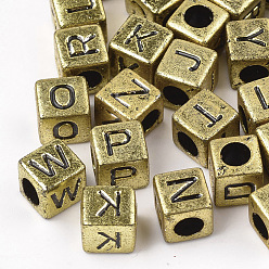 Letter A~Z Acrylic Beads, Horizontal Hole, Metallic Plated, Cube with Letter, 6x6x6mm, about 3000pcs/500g