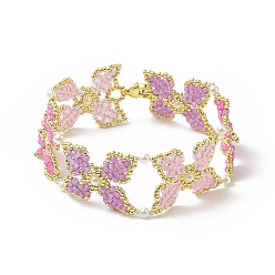 Coloré Bracelet fleur en perles de rocailles de verre avec perle coquillage ronde, 304 bijoux fermoir mousqueton en acier inoxydable pour femmes, colorées, 7-1/8 pouce (18 cm)
