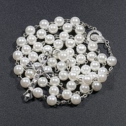 Blanco Collar de cuentas de rosario de perlas de imitación de plástico para Pascua, Collar con colgante de cruz de crucifijo de aleación con cadenas de hierro, blanco, 27.56 pulgada (70 cm)