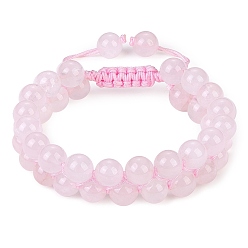 Quartz Rose Bracelet tressé en perles de quartz rose naturel, Bracelet réglable en pierres précieuses double couche pour femme, diamètre intérieur: 2-1/8~3 pouce (5.3~7.5 cm)