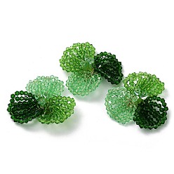 Green Glass Beaded Cabochons, Cluster Beads, with Golden Plated Brass Perforated Disc Settings, Flower, Green, 14x40x34mm