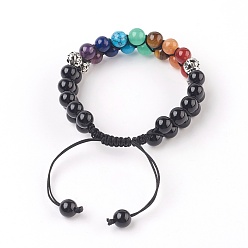 Black Agate Chakra Natural Black Agate Braided Bead Bracelets, with Natural & Synthetic Mixed Stone and Alloy Findings, Antique Silver, 2-3/8 inch(6cm)
