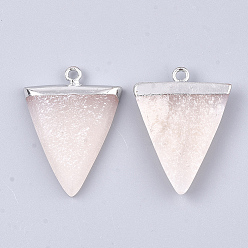 Aventurine Electroplate Natural Pink Aventurine Pendants, with Iron Findings, Triangle, Platinum, 30~34x23x5~5.5mm, Hole: 1.6mm