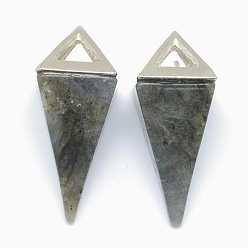 Labradorite Natural Labradorite Pendants, with Alloy Findings, Triangle, Platinum, 34x14x14.5mm, Hole: 4x6mm