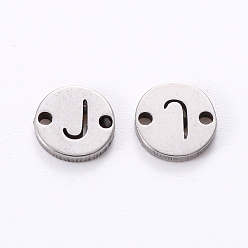 Letter J 201 Stainless Steel Links, Laser Cut, Flat Round with Letter, Letter.J, 6x6x1mm, Hole: 0.8mm