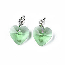 Spring Green Faceted Transparent Glass Charms, with Iron Jump Ring, Heart, Spring Green, 13~14x10x5~6mm, Hole: 4mm