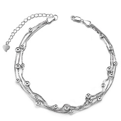 Platinum SHEGRACE Rhodium Plated 925 Sterling Silver Multi-strand Anklet, Box Chain with Beads, with S925 Stamp, Platinum, 8-1/4 inch(21cm)