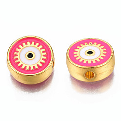 Deep Pink Rack Plating Alloy Enamel Pendants, Light Gold, Cadmium Free & Nickel Free & Lead Free, Flat Round with Evil Eye, Deep Pink, 12x4.5mm, Hole: 2mm