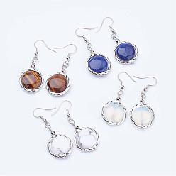 Mixed Stone Natural Gemstone Dangle Earrings, with Alloy Findings and Brass Earring Hooks, Flat Round, 48mm, pin: 0.6mm