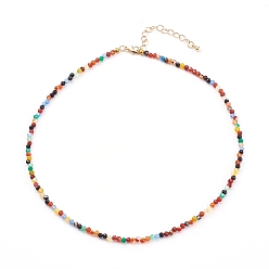 Colorful Faceted Natural Agate Beaded Necklaces, with Brass Lobster Claw Clasps, Round, Golden, Colorful, 15.55 inch(39.5cm)