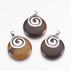 Tiger Eye Natural Tiger Eye Pendants, with Platinum Tone Brass Findings, Flat Round, 32x28x6mm, Hole: 4x5mm