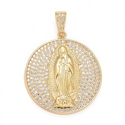 Real 18K Gold Plated Rack Plating Brass Micro Pave Clear Cubic Zirconia Pendants, Cadmium Free & Nickel Free & Lead Free, Long-Lasting Plated, Religion, Flat Round with Virgin Mary Pattern, Real 18K Gold Plated, 29.5x26x4mm, Hole: 6x3mm