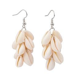 Antique White Natural Cowrie Shell Dangle Earrings, Cluster Earrings, with Brass Earring Hooks, Platinum, Antique White, 56mm, Pin: 0.6mm