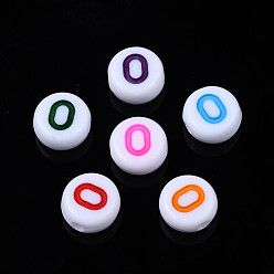 Number White Opaque Acrylic Beads, Flat Round with Mixed Color Number, Num.0, 7x3.5mm, Hole: 1.2mm, about 3800pcs/500g