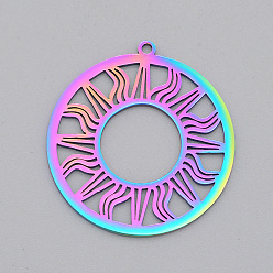 Rainbow Color Ion Plating(IP) 201 Stainless Steel Solar Eclipse Pendants, Laser Cut, Ring with Sun, Rainbow Color, 33x30.5x1mm, Hole: 1.6mm