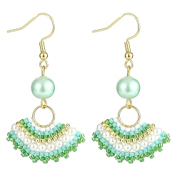 Aquamarine Glass Beaded Fan with Imitation Pearl Dangle Earrings, Golden 304 Stainless Steel Jewelry for Women, Aquamarine, 52mm, Pin: 0.8mm