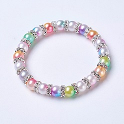 Colorful Acrylic Imitation Pearl Stretch Bracelets, with Brass Rhinestone Spacer Beads, Round, Colorful, 2-1/8 inch(5.4cm)