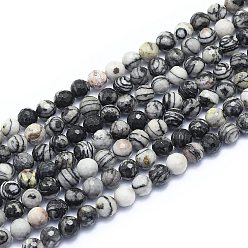 Netstone Brins de perles en pierre de soie noire naturelle / netstone, ronde, à facettes (128 facettes), 6mm, Trou: 0.8mm, Environ 64 pcs/chapelet, 15.35 pouce (39 cm)