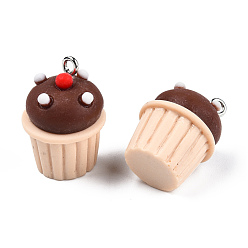 Coconut Brown Opaque Resin Pendants, Imitation Food, with Platinum Plated Iron Loops, Cupcake Charm, Coconut Brown, 21~22.5x15.5~16mm, Hole: 1.8mm