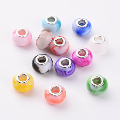 Mixed Color Opaque Resin European Beads, Large Hole Beads, Imitation Gemstone Style, with Silver Tone Brass Double Cores, Rondelle, Mixed Color, 14x9.5mm, Hole: 5mm